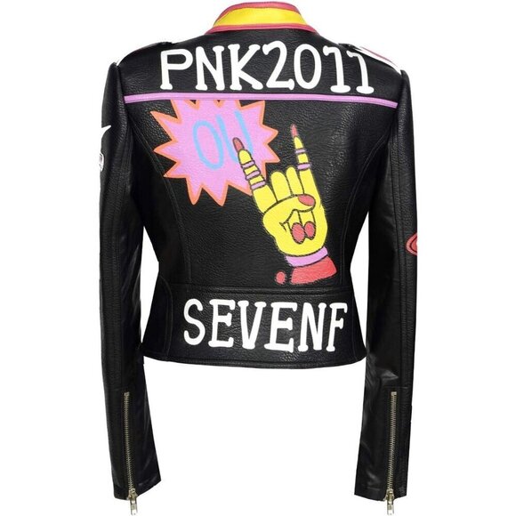 Women's Punk Floral Embroidered short Faux Leather Jacket Moto PU Coat. - Picture 2 of 4